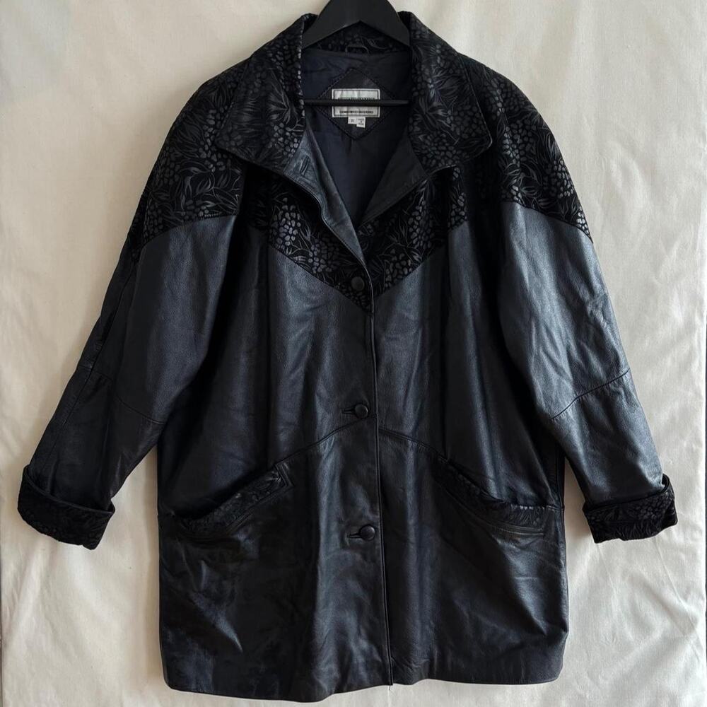 VTG 90s FitzWright Black Leather Floral Suede Oversized Fall Goth Coat - Size 1X